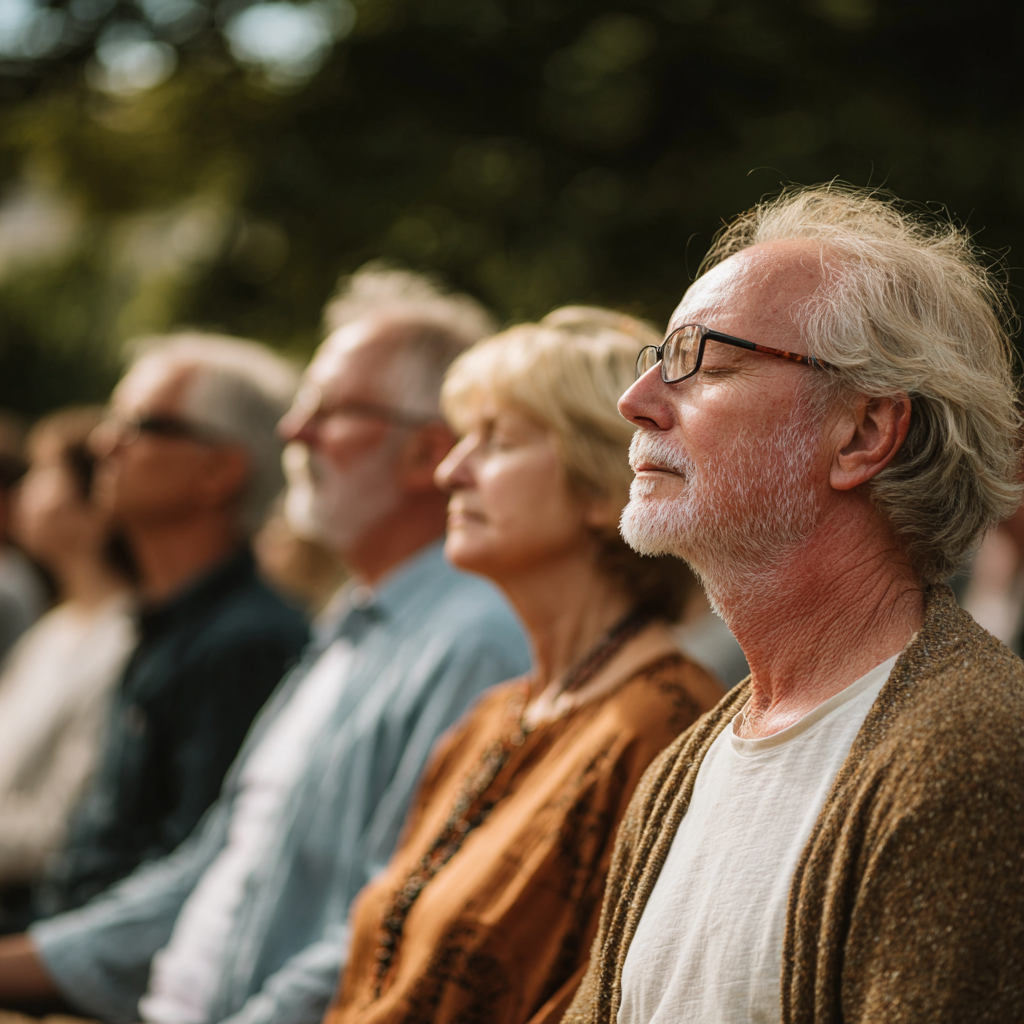 Група хора между 50-65 години седят в медитация на открито в парк, с затворени очи и спокойни лица